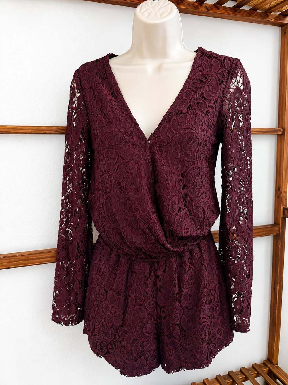 Mimi Chica Burgundy Lace Long Sleeve Romper